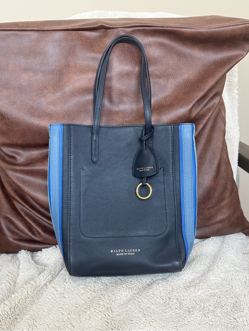 Ralph Lauren Made in Italy Purple Label Navy mini tote blue stripes key ring